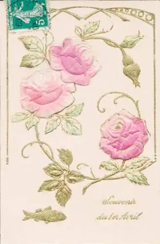 Stoff Präge Ak Glückwunsch 1. April, Rosen, Fisch