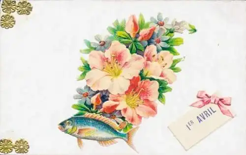 Ak Glückwunsch 1. April, Blumen, Fisch
