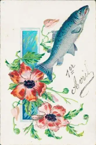 Glitzer Ak Glückwunsch 1. April, Fisch, Mohn