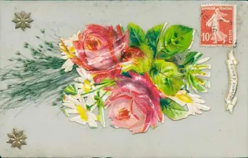 Zelluloid Ak Rosen, Margeriten, Echte Pflanze, Kitsch