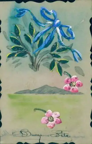 Zelluloid Glitzer Ak Blumen, Blaue Schleife, Kitsch