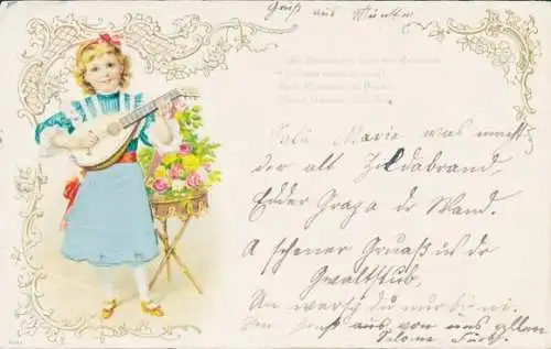 Stoff Präge Litho Mädchen spielt Laute, Blumen, Kitsch