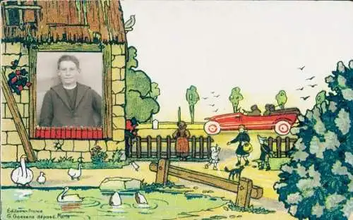 Ak Kind-Porträt, Junge, Bauernhof, Gänse, Auto, Kitsch