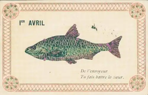 Passepartout Glitzer Ak Glückwunsch 1. April, Fisch