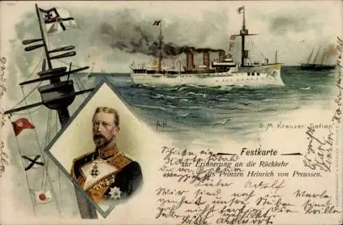 Künstler Litho Deutsches Kriegsschiff, SMS Gefion, Kaiserliche Marine, Prinz Heinrich von Preußen