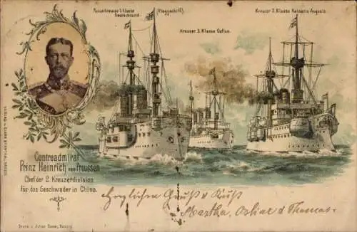 Litho Kaiserliche Marine, Kriegsschiffe SMS Gefion, Deutschland, Kaiserin Augusta, Prinz Heinrich