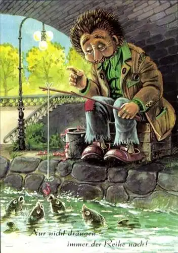 Künstler Ak Vermenschlichter Igel, Landstreicher beim Angeln