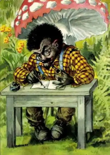 Künstler Ak Vermenschlichter Igel, Igelmann mit Pfeife beim Schreiben, Fliegenpilz