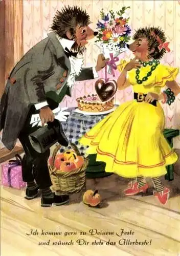 Ak Vermenschlichte Igel, Gratulant mit Blumenstrauß