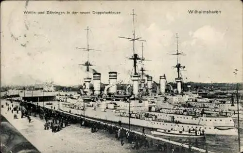 Ak Wilhelmshaven an der Nordsee, neue Doppelschleuse, Kriegsschiffe SMS Wettin, SMS Zähringen