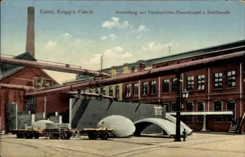 Ak Essen im Ruhrgebiet, Krupp's Fabrik, Ausstellung von Panzerplatten, Panzerkuppel, Schiffswelle
