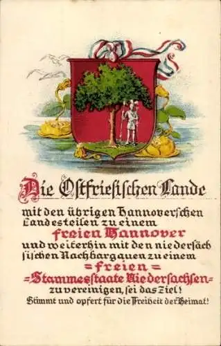 Wappen Ak Die Ostfriesischen Lande, zu einem freien Hannover, freier Stammesstaat Niedersachsen