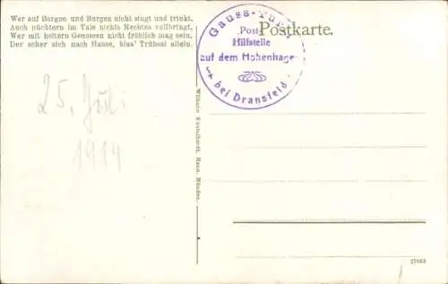 Ak Dransfeld, Hoher Hagen, Berggasthaus, Gedicht Wer auf Bergen und Burgen nicht singt