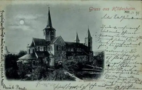 Mondschein Ak Hildesheim in Niedersachsen, St. Godehardikirche