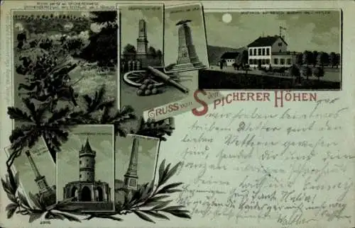 Mondschein Litho Saarbrücken, Spicherer Höhen, Winterberg Denkmal, Gasthaus