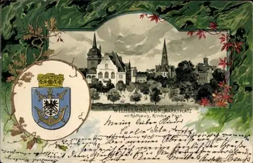 Passepartout Künstler Ak Wilhelmshaven an der Nordsee, Marktplatz, Rathaus, Kirche, Post, Wappen