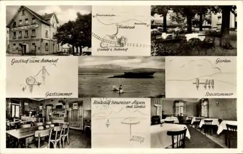 Ak Fischbach Friedrichshafen am Bodensee, Gasthof zum Bahnhof, Garten, Speisezimmer, Gastzimmer