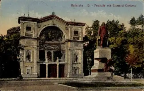 Ak Karlsruhe in Baden, Festhalle mit Bismarck Denkmal