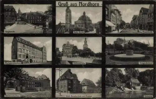 Ak Nordhorn in der Grafschaft Bentheim, Hauptstraße, kath. Kirche, Kriegerdenkmal, Kreiskrankenhaus