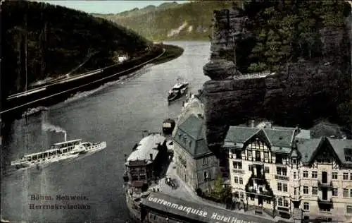 Ak Hřensko Herrnskretschen Elbe Reg. Aussig, Hotel, Salondampfer, Felsen