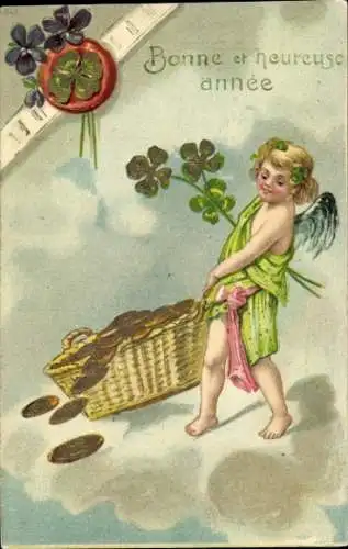 Ak Glückwunsch Neujahr, Engel zieht einen Korb mit Münzen, Kleeblätter