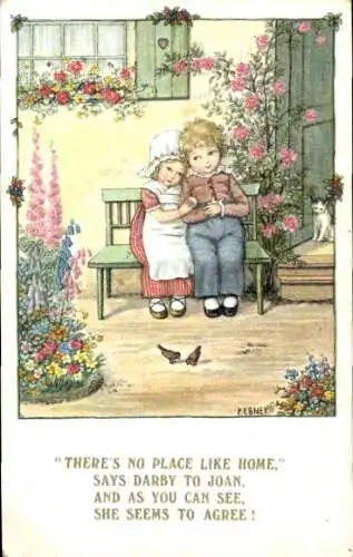 Künstler Ak Ebner, Pauli, Paar auf einer Bank vor dem Haus