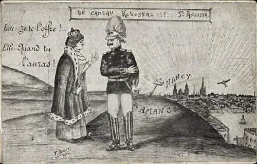 Künstler Ak Karikatur, Propaganda Frankreich, Kaiser Wilhelm II., un Cadeau Kolossal