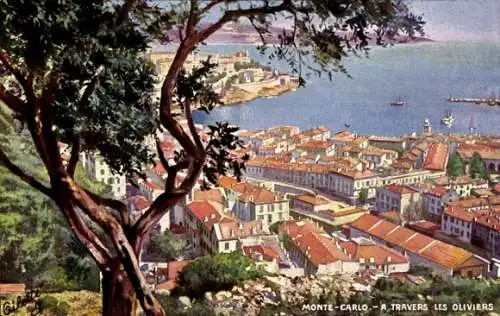 Künstler Ak Monte Carlo Monaco, durch die Olivenbäume, Stadt