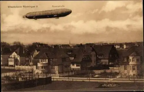 Ak Rüstringen Wilhelmshaven in Niedersachsen, Zeppelin über der Rosenstraße