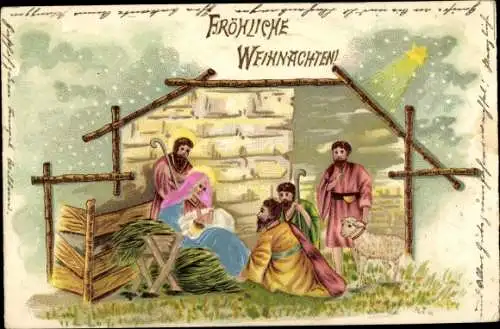 Litho Glückwunsch Weihnachten, Heilige Familie im Stall, Sternschnuppe