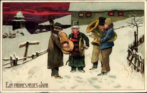 Litho Glückwunsch Neujahr, Musizierende Männer, Winter