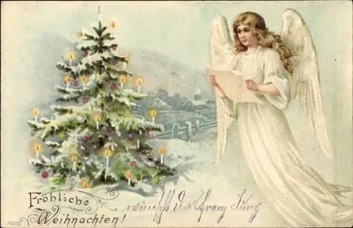 Ak Glückwunsch Weihnachten, Tannenbaum, Engel