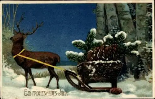 Präge Ak Glückwunsch Weihnachten, Hirsch zieht einen Schlitten mit Tannenzapfen