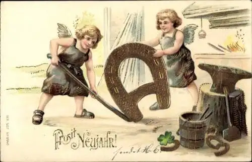 Präge Litho Glückwunsch Neujahr, Engel schmieden Hufeisen