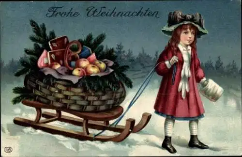 Ak Glückwunsch Weihnachten, Mädchen mit Schlitten, Äpfel, Lebkuchen, Brezel