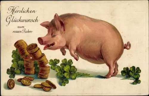 Ak Glückwunsch Neujahr, Schwein, Münzen, Kleeblätter