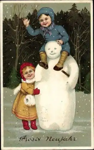 Ak Glückwunsch Neujahr, Junge und Mädchen mit Schneemann