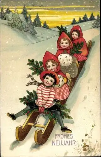 Ak Glückwunsch Neujahr, Kinder auf einem Schlitten