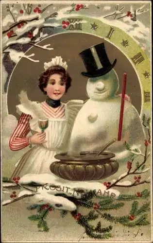 Präge Litho Glückwunsch Neujahr, Dienstmädchen, Schneemann, Ziffernblatt, Punschschüssel