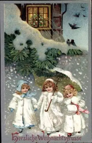 Ak Glückwunsch Weihnachten, Drei Mädchen mit Schirm im Schneefall