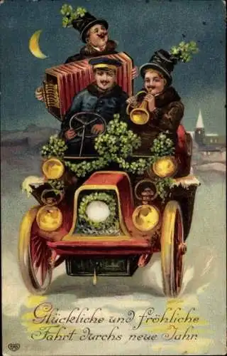 Ak Glückwunsch Weihnachten, Musizierende Männer in einem Automobil, Kleeblätter