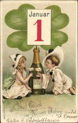 Präge Litho Glückwunsch Neujahr, Pierrot, Pierrette, Sektflasche, Kleeblatt, Kalenderblatt