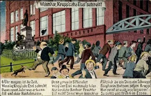 Ak Essen, Wenn der Krupp'sche Esel schreit, Fabrikarbeiter auf dem Weg zur Arbeit