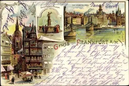 Litho Frankfurt am Main, Markt, Gerechtigkeitsbrunnen, eiserner Steg