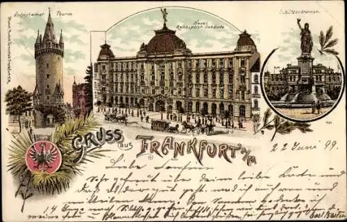 Litho Frankfurt am Main, Schützenbrunnen, Neues Reichspostgebäude, Eschenheimer Turm