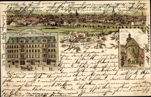 Litho Hildesheim in Niedersachsen, Kirche, Totalansicht, Geschäftshaus