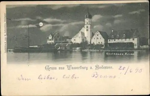 Mondschein Ak Wasserburg am Bodensee Schwaben, Gasthaus zur Krone, Kirche