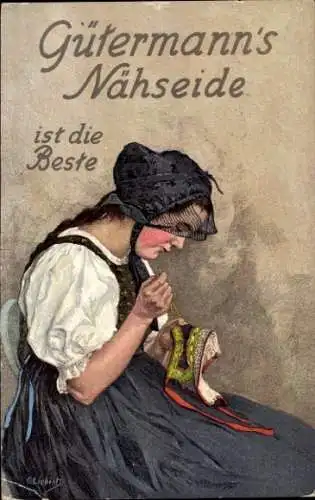 Künstler Ak Liebich, G., Reklame Gütermann's Nähseide, Frau in Tracht beim Nähen