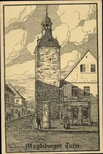 Künstler Ak Köthen in Anhalt, Magdeburger Turm, Geschäftshaus, Reklame Maggi, Litfaßsäule