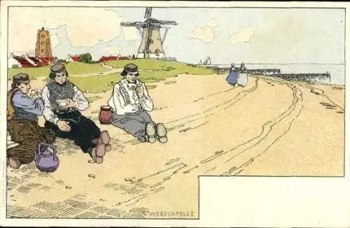 Künstler Litho Cassiers, H., Westcapelle Zeeland, Windmühlen, Männer in niederländischer Tracht